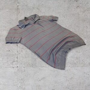 Mens vintage Y2K grunge grey and red striped tight fitting polo shirt size small